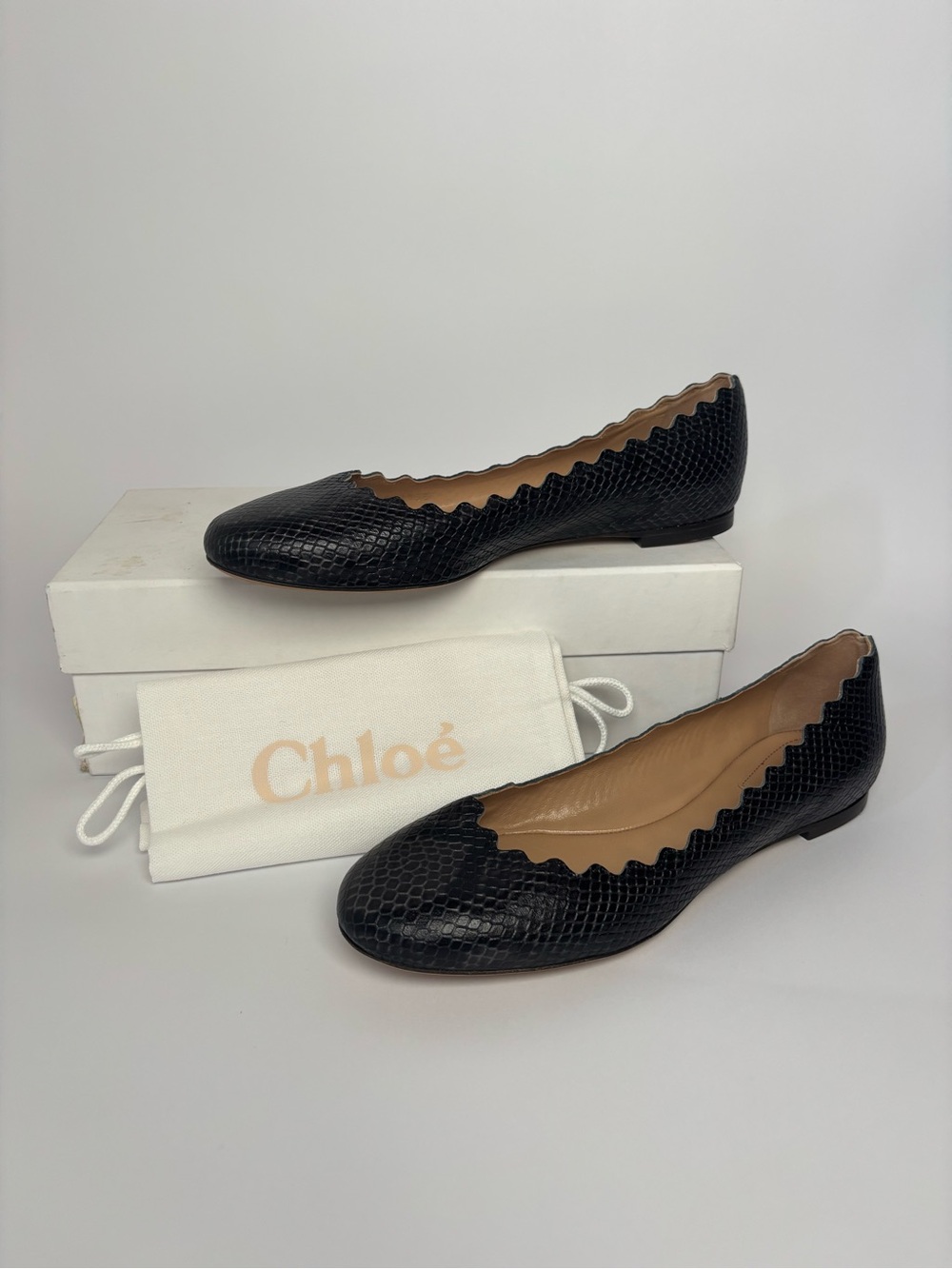 Chloé Scalloped Ballet Flats Black Snake Print EU 38.5 With Original Box
